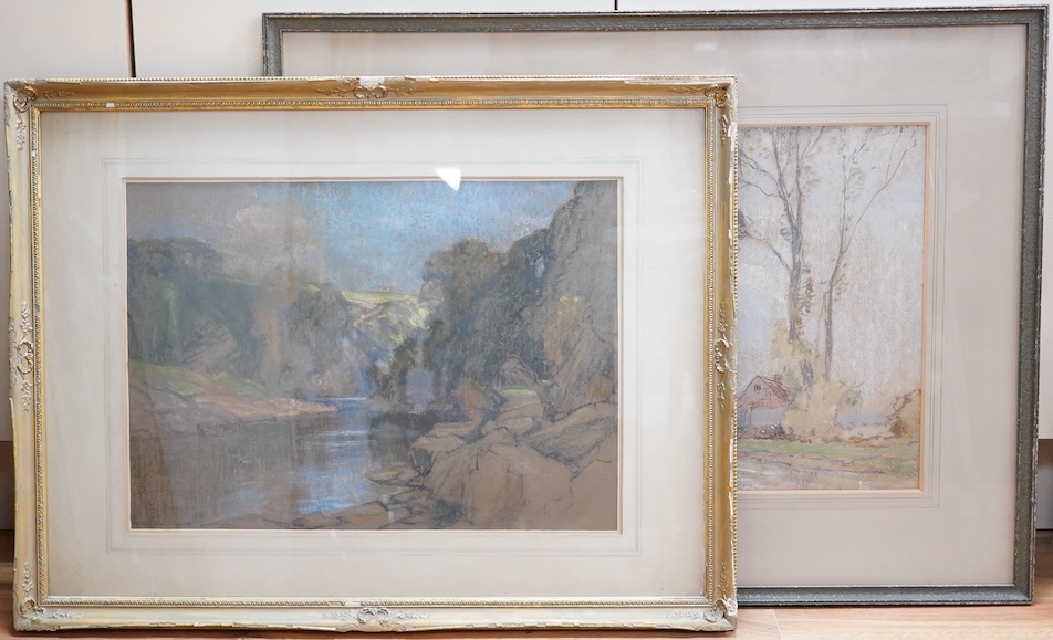 William Redworth (1873-1947), River Valley and Farm scene with figures herding cattle, each signed, two pastels, largest 37 x 56cm